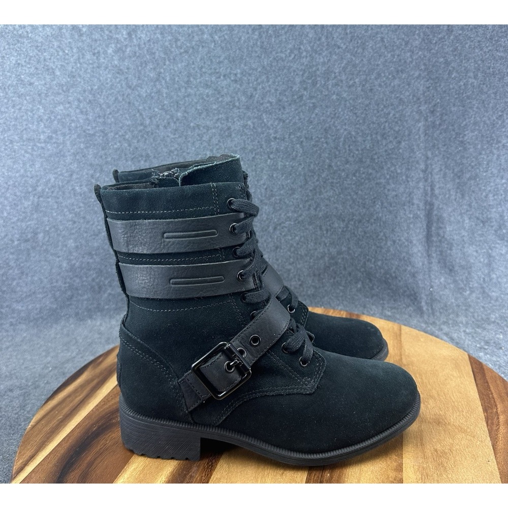 UGG Zia Black Suede Shearling Buckle Strap Waterproof Combat Boots Womens Sz 6.5